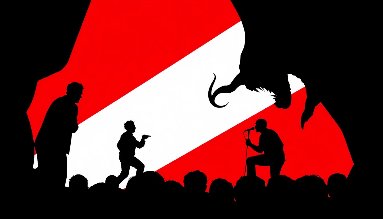 A bold, abstract illustration featuring jagged geometric shapes in high-contrast red and black, conceptually representing the high-stakes, improvisational nature of a live Call of Cthulhu performance.