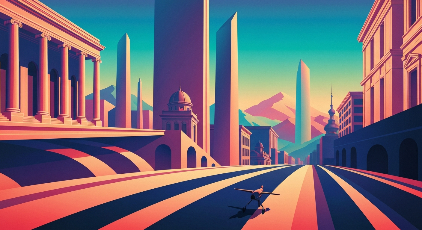 A highly stylized, geometric illustration in the Art Deco Monumentalist style, featuring sweeping gradients, towering architectural forms, and sleek, streamlined shapes, capturing the grand scale and romance of travel without any literal depiction of people or text.