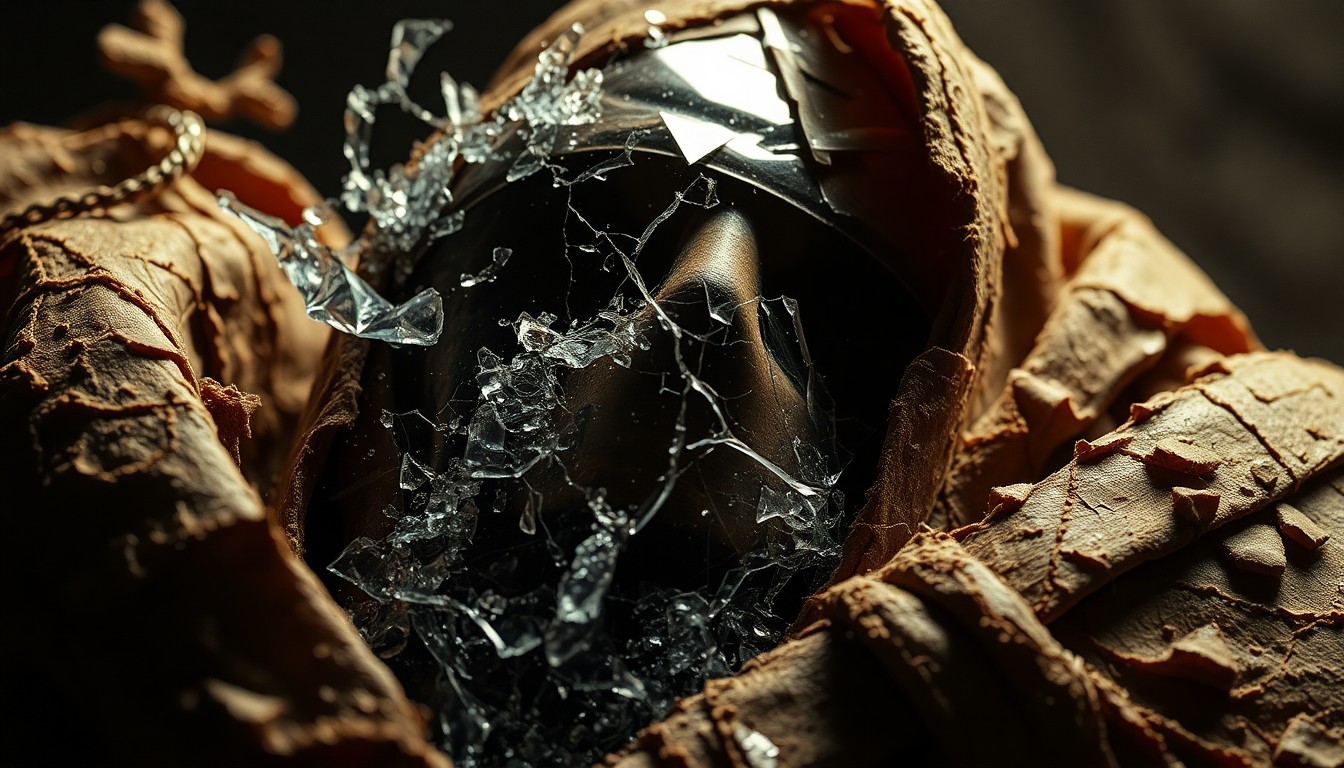 An extreme close-up of shattered glass and cracked, decaying mummy wrappings, captured in dramatic, high-contrast studio lighting to create a sense of ancient, supernatural horror.