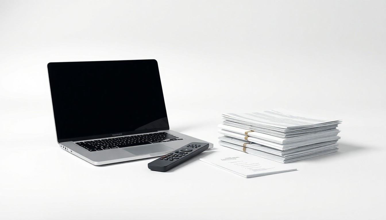 A minimalist, high-contrast studio still life featuring a sleek laptop, a stylized TV remote, and stacked business documents, symbolizing the data-driven analytics and closed-loop measurement capabilities that DIRECTV is bringing to its advertising platform.