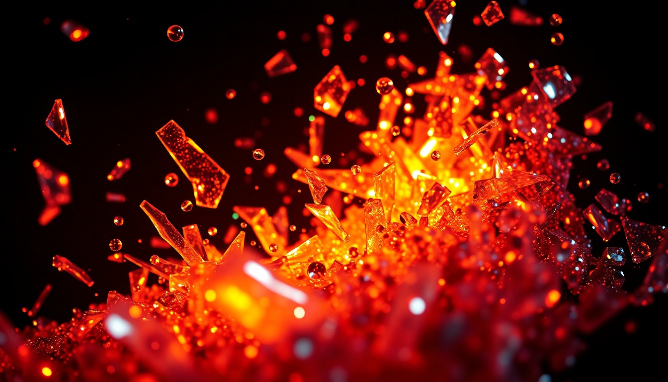 An abstract close-up photograph featuring shattered glass and glittering sequins in high-contrast studio lighting, conceptually representing the bold, electronic-inspired sound of the Nine Inch Noize collaboration.