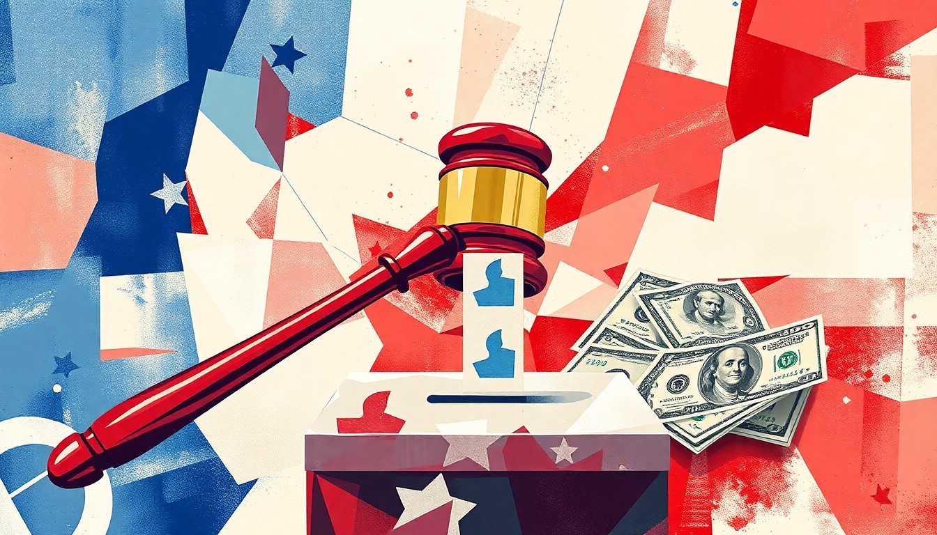 A heavily fragmented, geometric painting in shades of red, white, and blue depicting abstract shapes resembling a gavel, ballot box, and dollar bills, conveying the complex interplay of money and politics in local government.