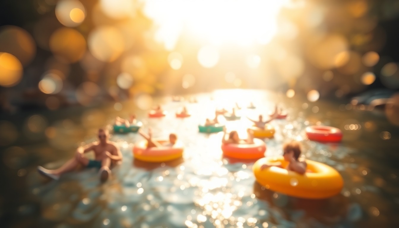 An abstract, impressionistic photograph of people floating on colorful inner tubes down a sun-dappled river, with soft, blurred edges and warm, golden light creating a dreamlike, nostalgic atmosphere.
