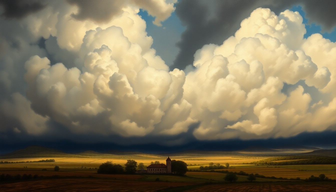A dramatic landscape painting depicting a stormy, atmospheric sky filled with heavy, ominous clouds looming over a rural setting, conveying the overwhelming scale and power of the natural forces at play.