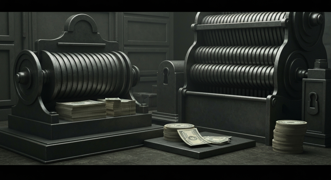 An extreme close-up of gears, levers, and other industrial banking equipment, conveying the tangible, physical nature of financial institutions and wealth management.