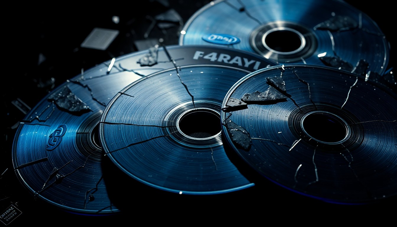 An abstract close-up image of shattered Blu-ray discs and cracked 4K Ultra HD cases, captured in dramatic high-contrast studio lighting to create a sense of fading physical media glamour.