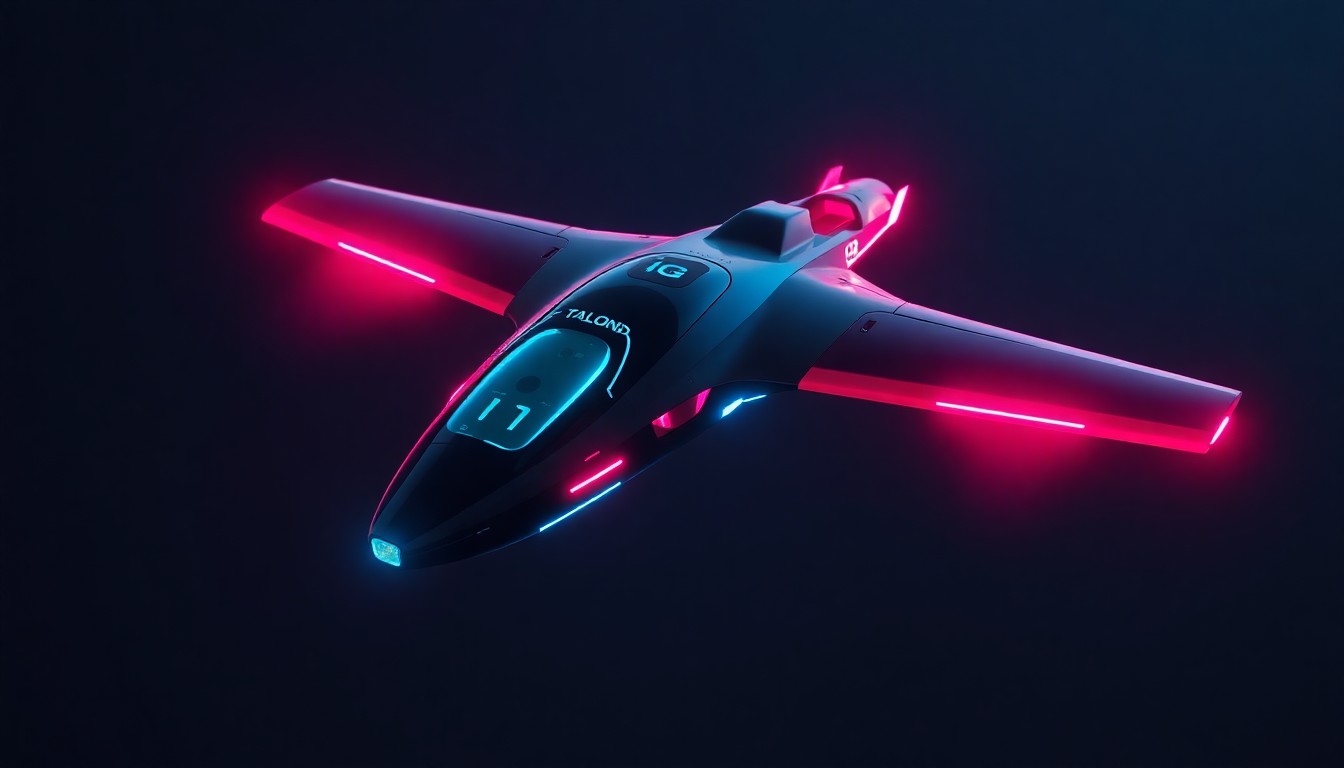 A highly detailed, glowing 3D illustration of an autonomous aircraft in flight, with its futuristic design and neon-lit components conveying the advanced technology powering its dynamic mission autonomy capabilities.