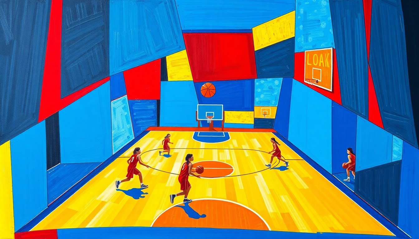 A cubist, geometric painting featuring overlapping planes of bright blue, red, and yellow, conceptually representing the dynamic action and energy of a girls basketball game.