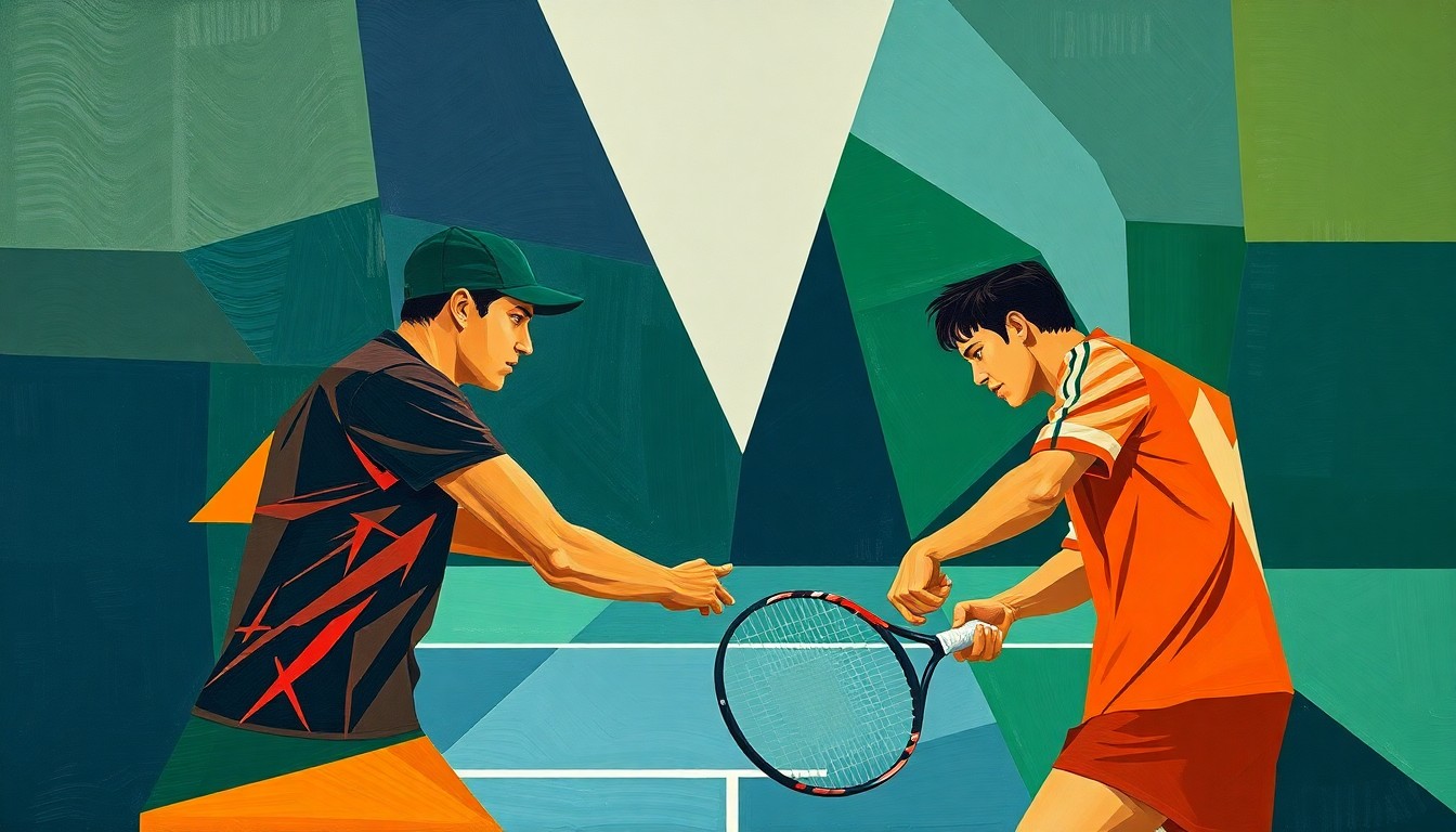 A cubist-style painting depicting an abstracted college tennis match, with the players' forms broken down into sharp, overlapping geometric shapes in a vibrant color palette, conveying the intense competition of the ACC Tournament.