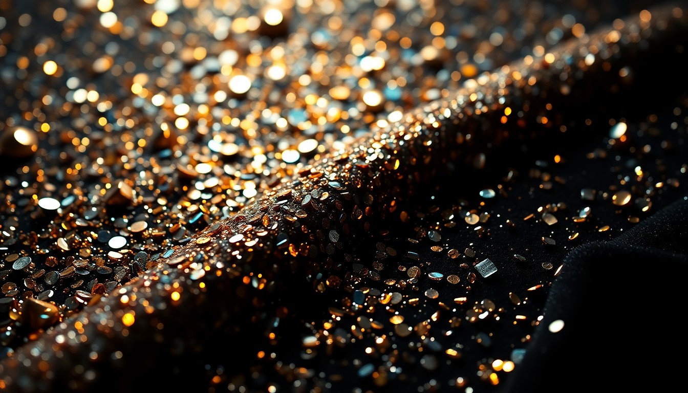 An extreme close-up of shimmering, textured materials in a high-contrast, glamorous studio lighting setup, conceptually representing the energy and aesthetic of the indie music world depicted in the film.