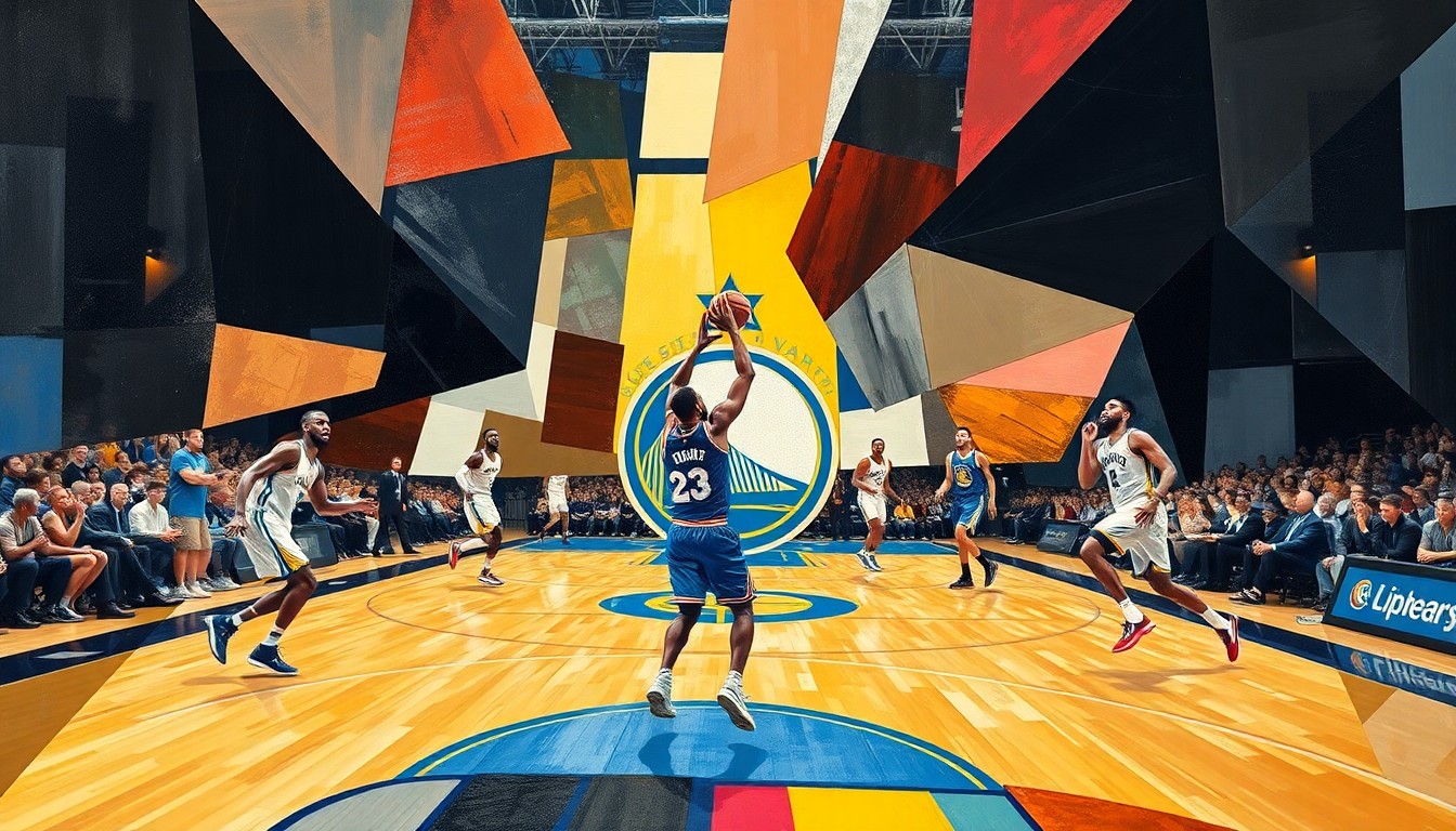 A fragmented, geometric painting depicting the intense physical battle between the Warriors and Clippers players on the basketball court, with Kawhi Leonard's figure broken down into overlapping planes of color and shape.