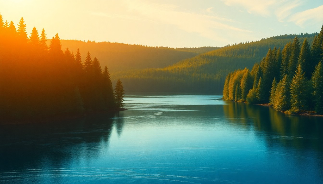 A serene landscape painting of a tranquil lake surrounded by dense, evergreen forests, with warm, golden sunlight filtering through the trees and deep shadows cast across the water, conveying the natural beauty and solitude of the Boundary Waters wilderness area.