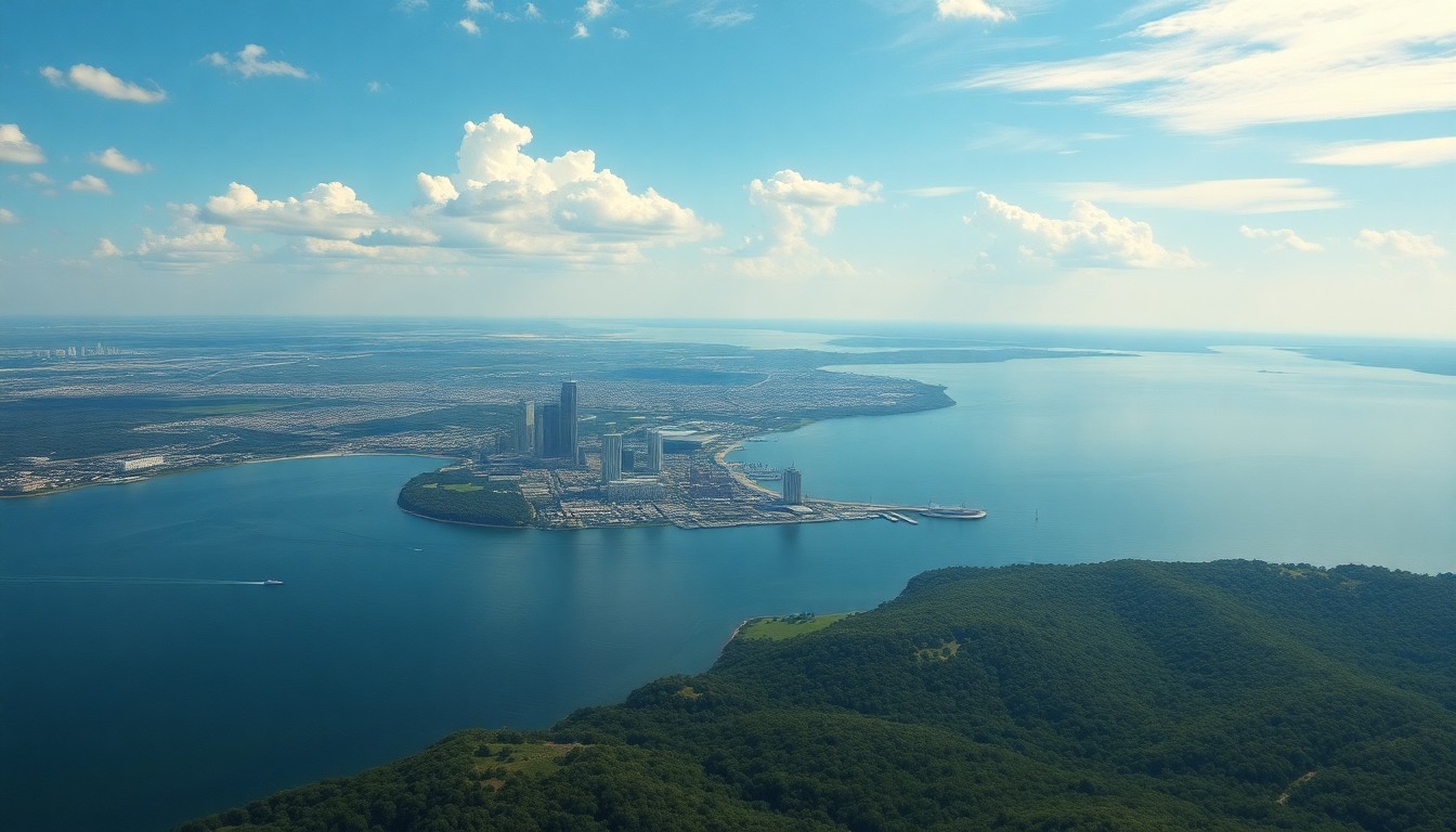 A vast, majestic landscape painting in muted tones of blue, green, and gold, depicting the Tampa Bay region on a bright, clear spring day. The scene uses deep atmospheric perspective and dramatic backlighting to capture the mood of the pleasant weather, with the city skyline and bodies of water dwarfed by the overwhelming scale of the natural environment.