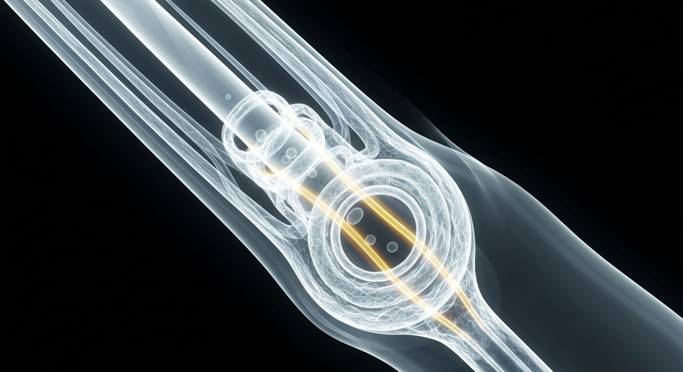 A highly detailed, translucent X-ray photograph revealing the intricate internal structure of a human hair follicle, with glowing, ghostly lines highlighting the key biological components involved in hair growth and regeneration.