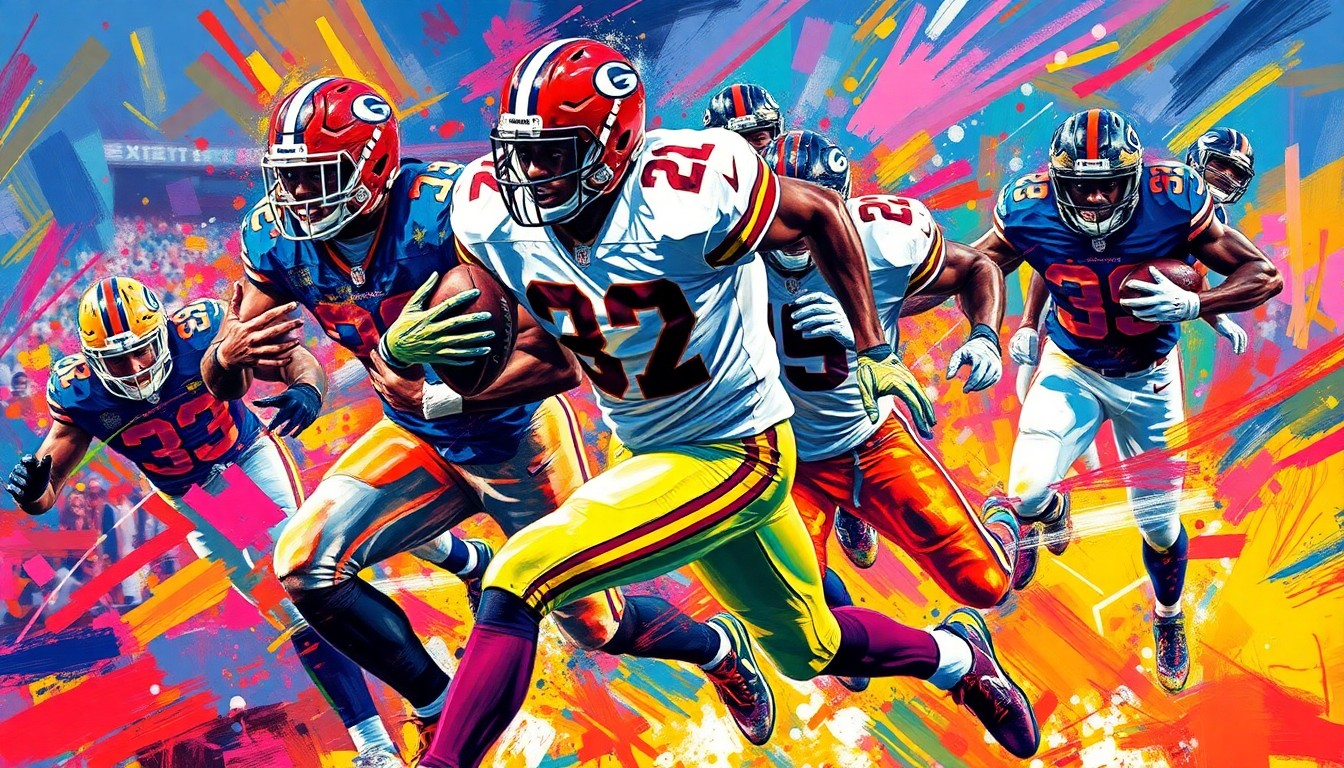An abstract, energetic painting featuring bold, neon-colored brushstrokes that capture the powerful motion and intensity of an NFL running back in action, conceptually representing the announcement of the Cardinals' draft picks.