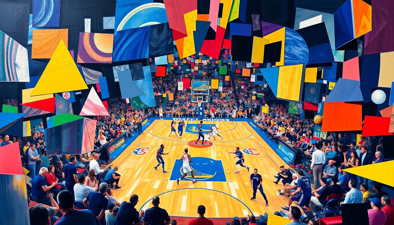A cubist-style painting featuring sharp, overlapping geometric shapes in vibrant colors that convey the energy and drama of a high-stakes basketball game between the Golden State Warriors and Los Angeles Clippers.
