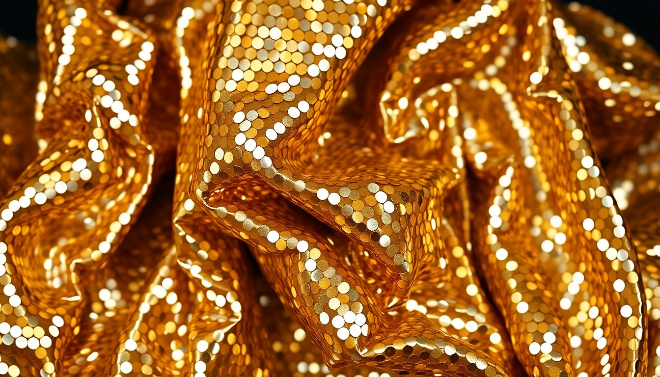 An extreme close-up photograph of crumpled, shimmering gold and silver sequins, capturing the high-contrast glamour and underlying tension of Hollywood relationships.