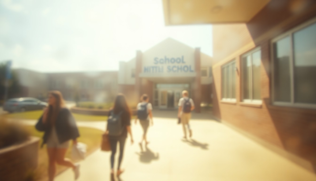 An abstract, soft-focus image of students walking out of a high school building on a sunny day, with the scene blurred and washed in warm, hazy tones.