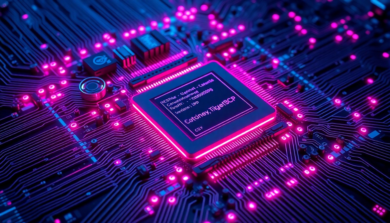 A highly detailed, glowing 3D illustration of a complex CPU chip architecture, with neon cyan and magenta lights illuminating the intricate circuitry and components, conceptually representing the advanced, high-tech nature of modern semiconductor technology.