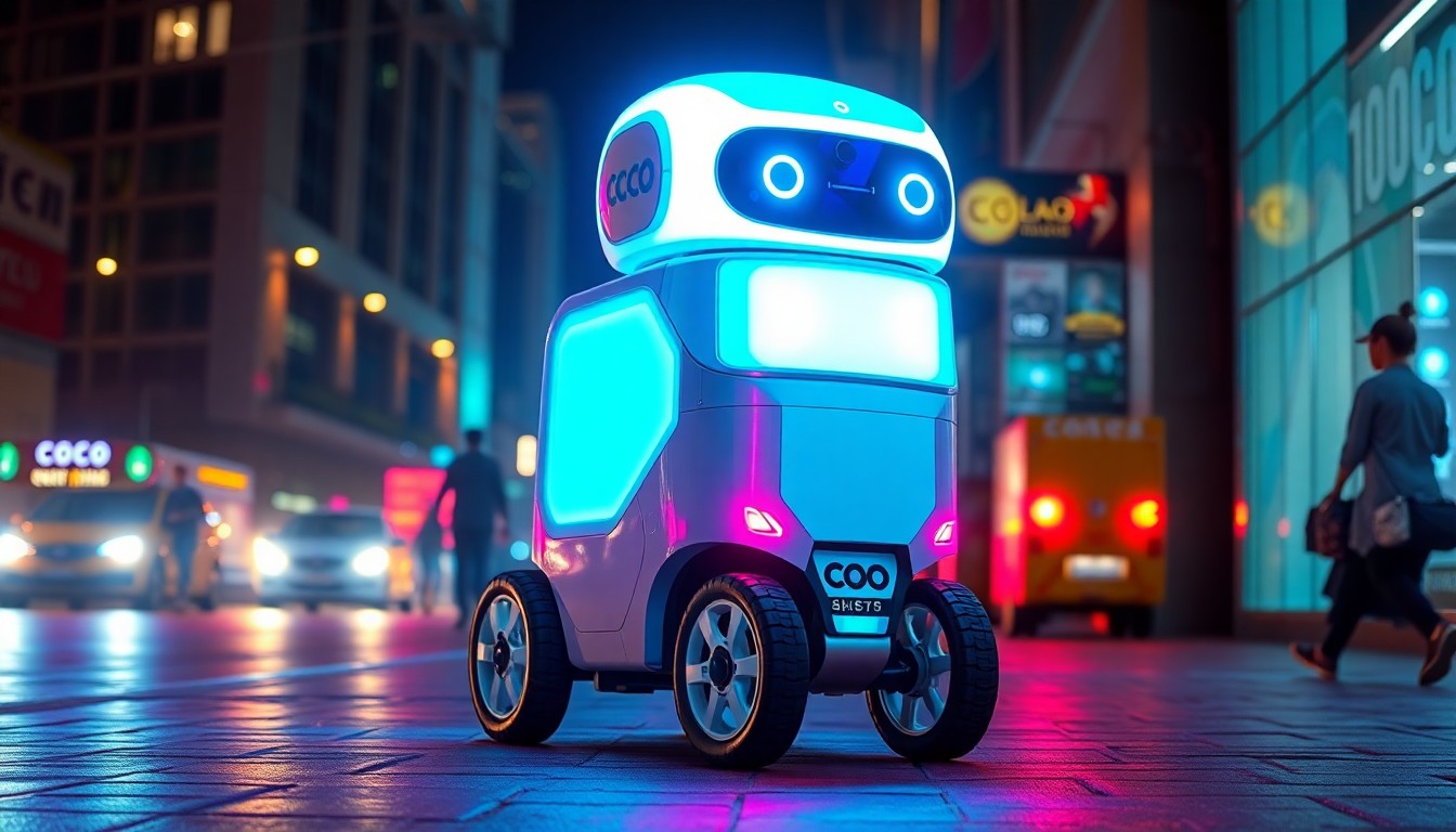 A highly detailed, glowing 3D illustration of a Coco delivery robot navigating a busy urban sidewalk at night, its sensors and navigation systems illuminated by neon cyan and magenta lights, conceptually representing the advanced technology powering the sustainable delivery service.