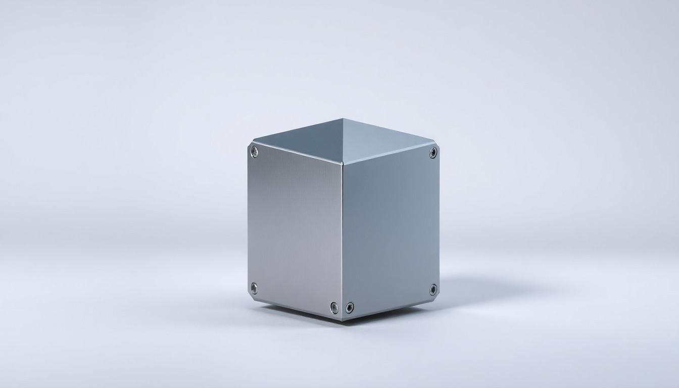 A highly detailed, photorealistic studio still-life image of a polished, geometric metal object representing an advanced semiconductor testing device, set against a clean, monochromatic background and illuminated with dramatic studio lighting to convey the precision and power of Aehr's testing solutions.