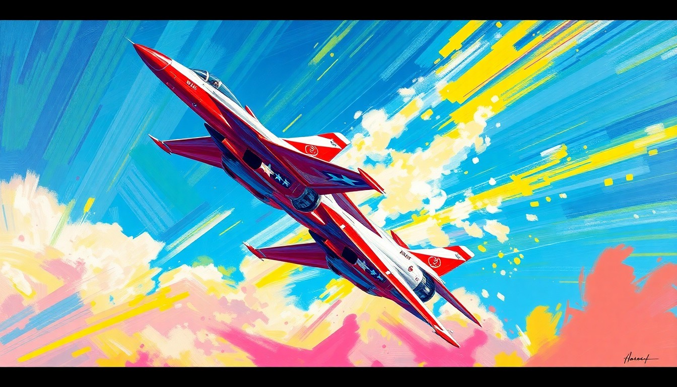A vibrant, expressionist painting depicting the powerful, dynamic movements of fighter jets in the sky, with bold brushstrokes and neon colors capturing the raw energy of the Thunderbirds' aerial performance.