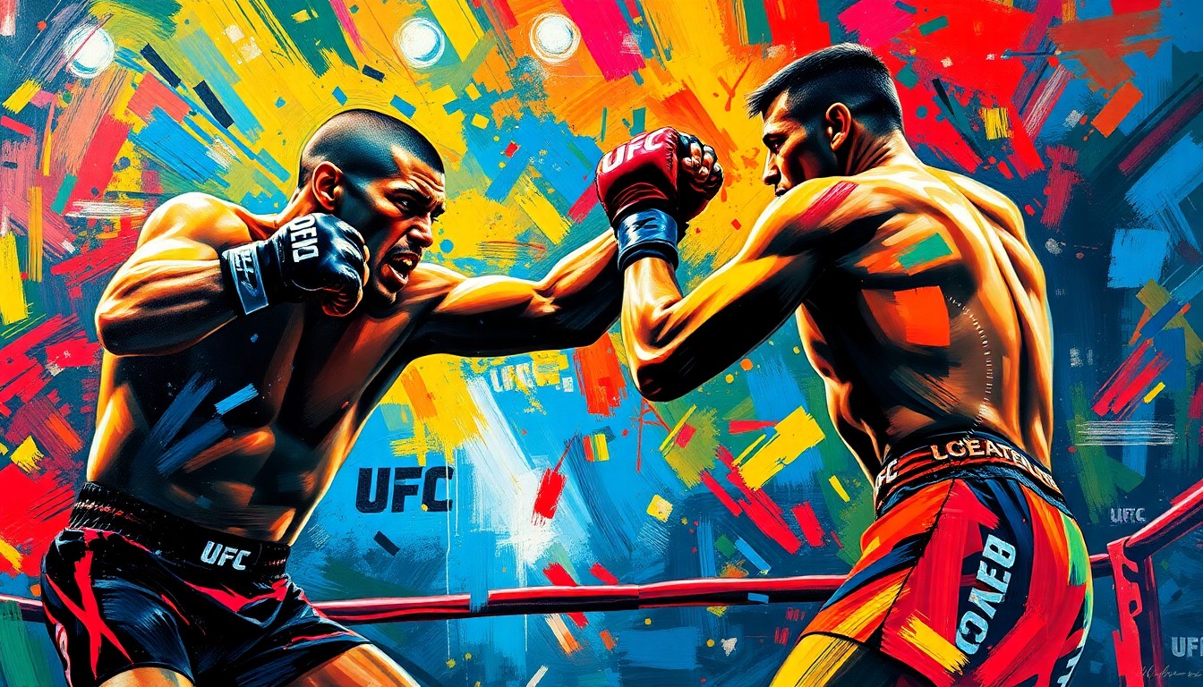 An abstract painting in neon colors and expressive brushstrokes, conveying the intense energy and emotion of a UFC championship fight.