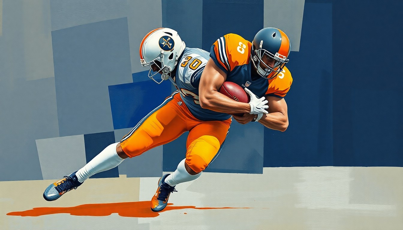 A fragmented, geometric painting depicting a linebacker making a tackle, with sharp planes of pewter grey, creamsicle orange, and midnight blue representing the violent collision of the play.