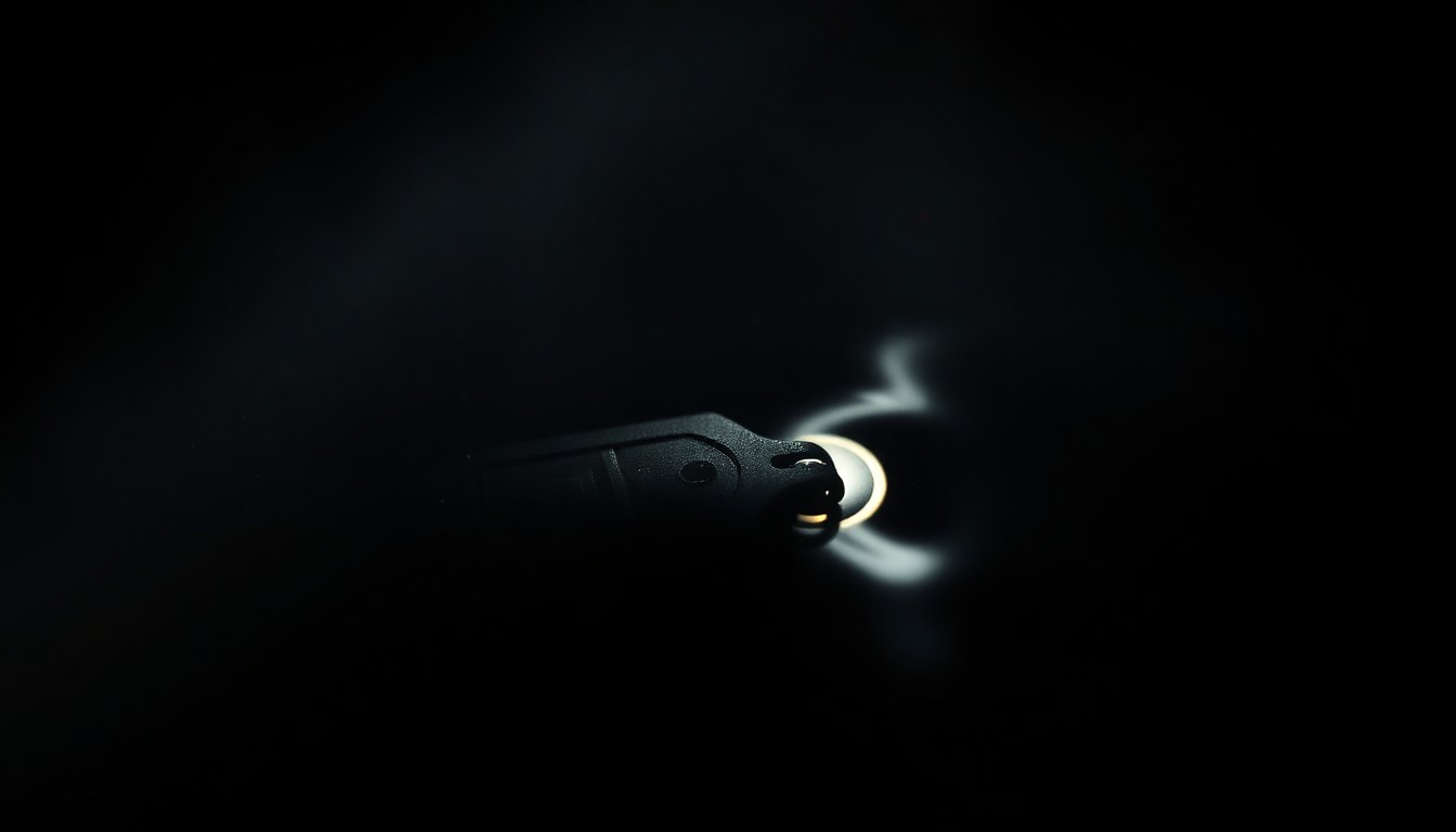 An extreme close-up photograph of a car key or other small car part submerged in murky water, creating a stark, gritty, investigative aesthetic.