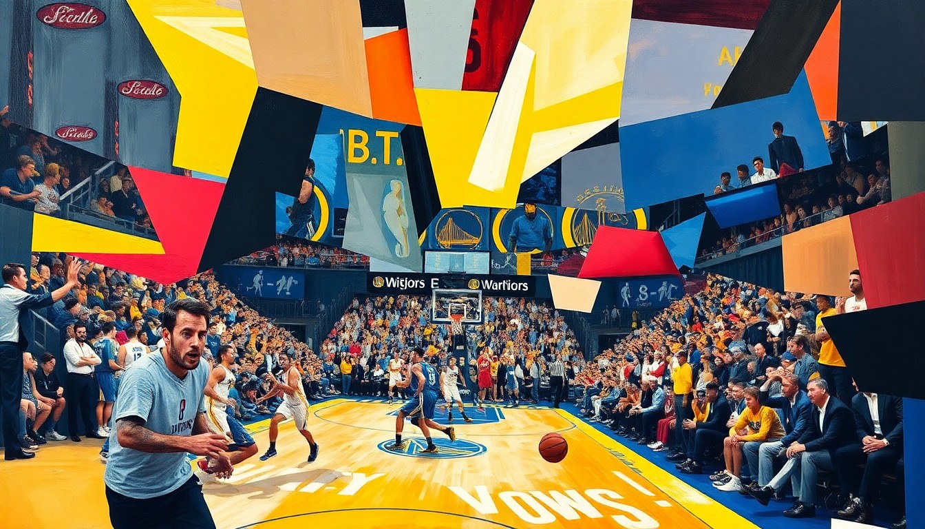A fractured, multi-perspective painting breaking down the intense final minutes of the Clippers vs. Warriors game into sharp, overlapping geometric planes of color, with the players' movements and the crowd's energy deconstructed into an abstract, cubist composition.
