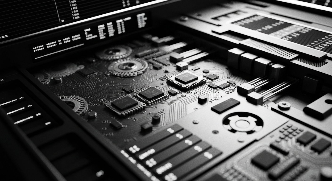 A high-contrast, cinematic close-up of intricate financial mechanisms and machinery, representing the complex, impersonal nature of the modern finance industry.