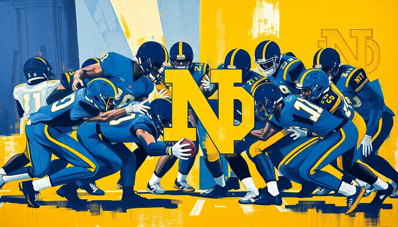 A fragmented, cubist-style painting depicting a Notre Dame football defensive play, with sharp geometric shapes in navy blue and gold representing the movement and energy of the players on the field.