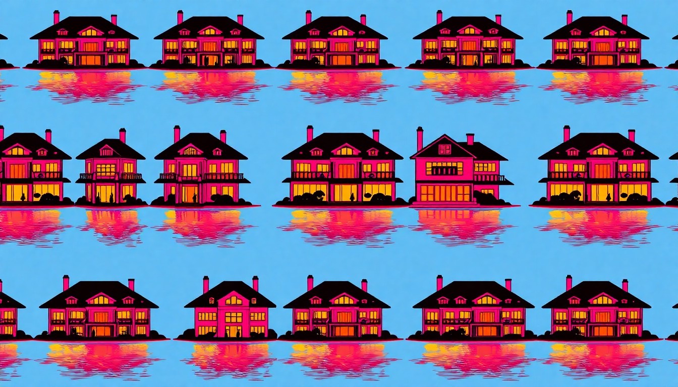 A brightly colored, high-contrast silkscreen print of a single, iconic lakefront mansion object repeated in a tight grid pattern, capturing the essence of this luxury property through a modern pop art lens.