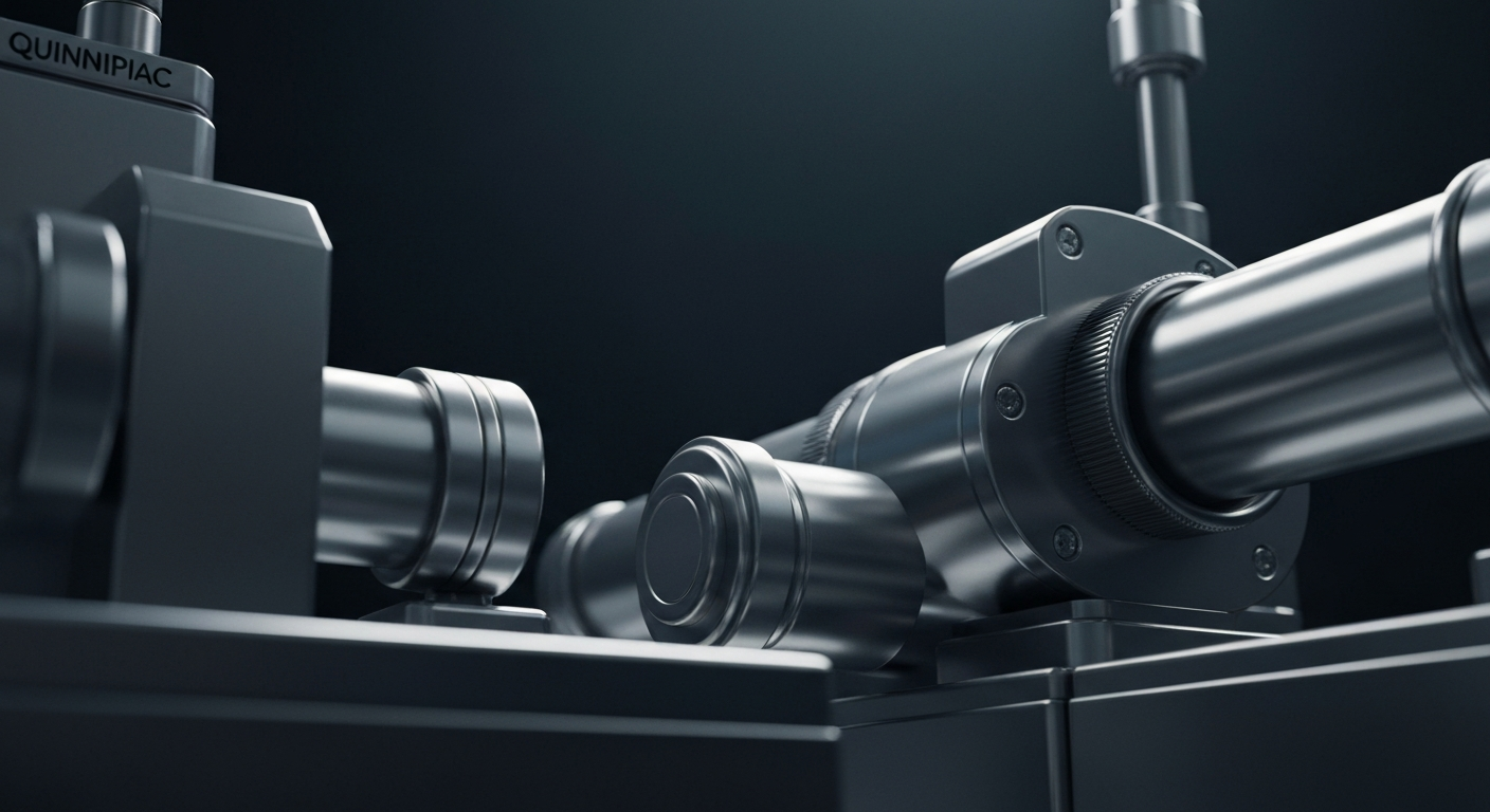 An extreme close-up of gleaming, intricate banking machinery and equipment, dramatically lit against a dark background, conceptually representing the secure financial infrastructure supporting Quinnipiac University.