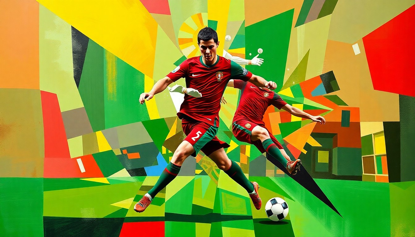 A cubist, geometric painting depicting the dynamic movements and skills of a soccer player, with vibrant red and green colors representing the Portuguese national team's uniform.