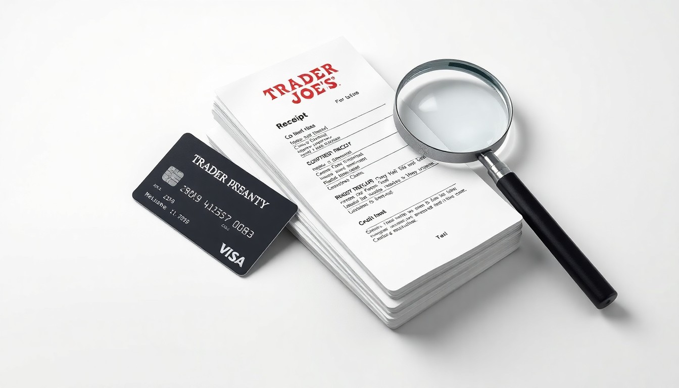 A photorealistic studio still life featuring a stack of Trader Joe's receipts, a credit card, and a magnifying glass, conceptually representing the legal and privacy issues at the heart of the class action settlement.