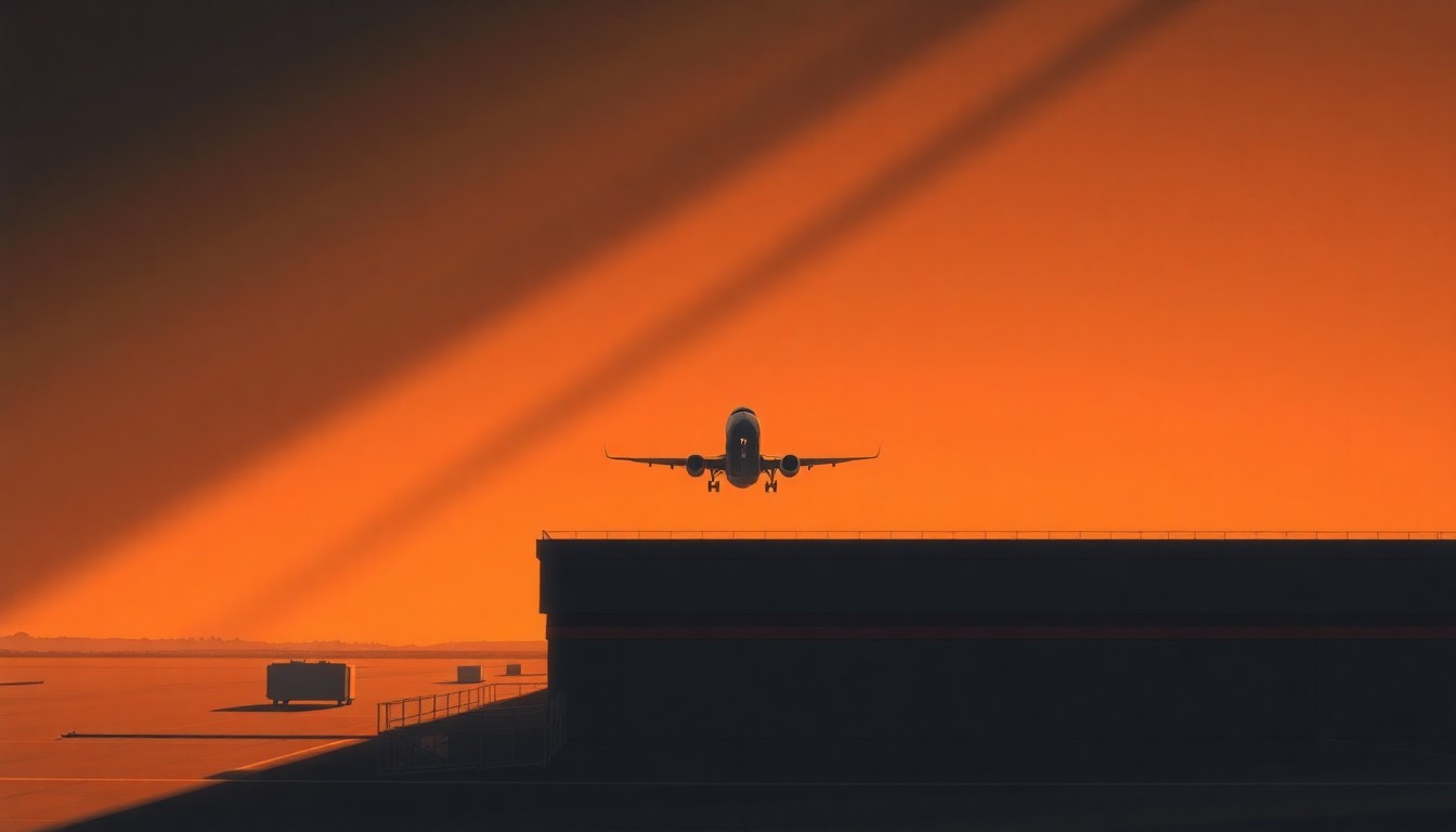 A serene, cinematic painting of an airplane taking off from an airport terminal, with the terminal building and tarmac bathed in warm, golden light and deep shadows, conveying a sense of quiet contemplation about the political controversy surrounding the airport renaming.