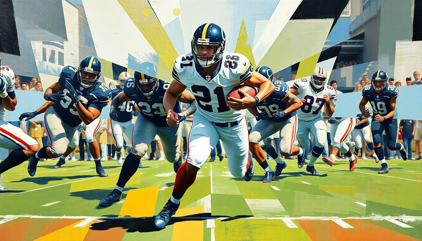 A cubist-style painting featuring sharp, overlapping geometric shapes in shades of green, blue, and gold, capturing the explosive movement and energy of a football player breaking through the line of scrimmage.