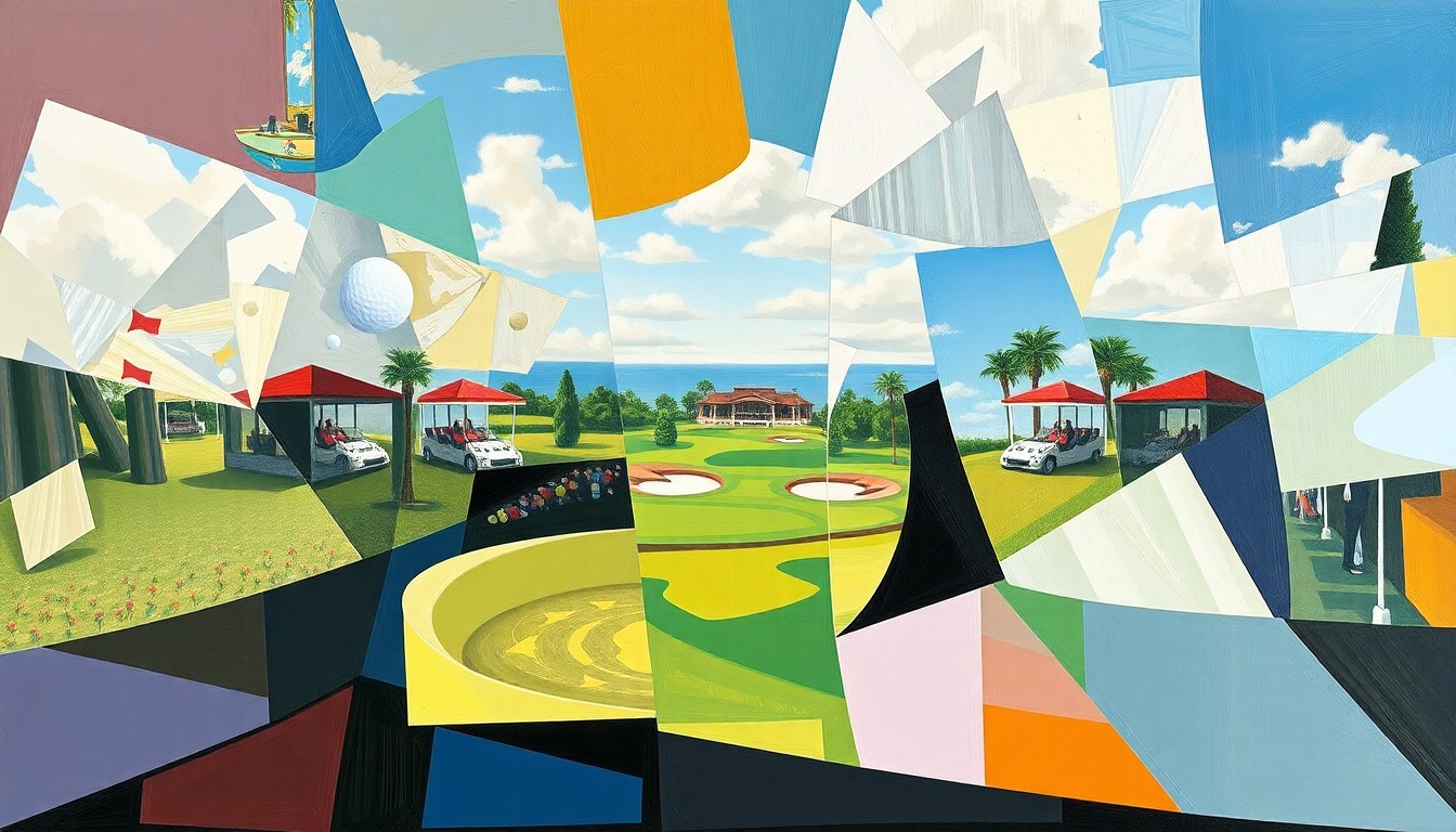 A fragmented, geometric painting depicting a LIV Golf tournament scene, with players and the course broken down into sharp, overlapping planes of color and shape.