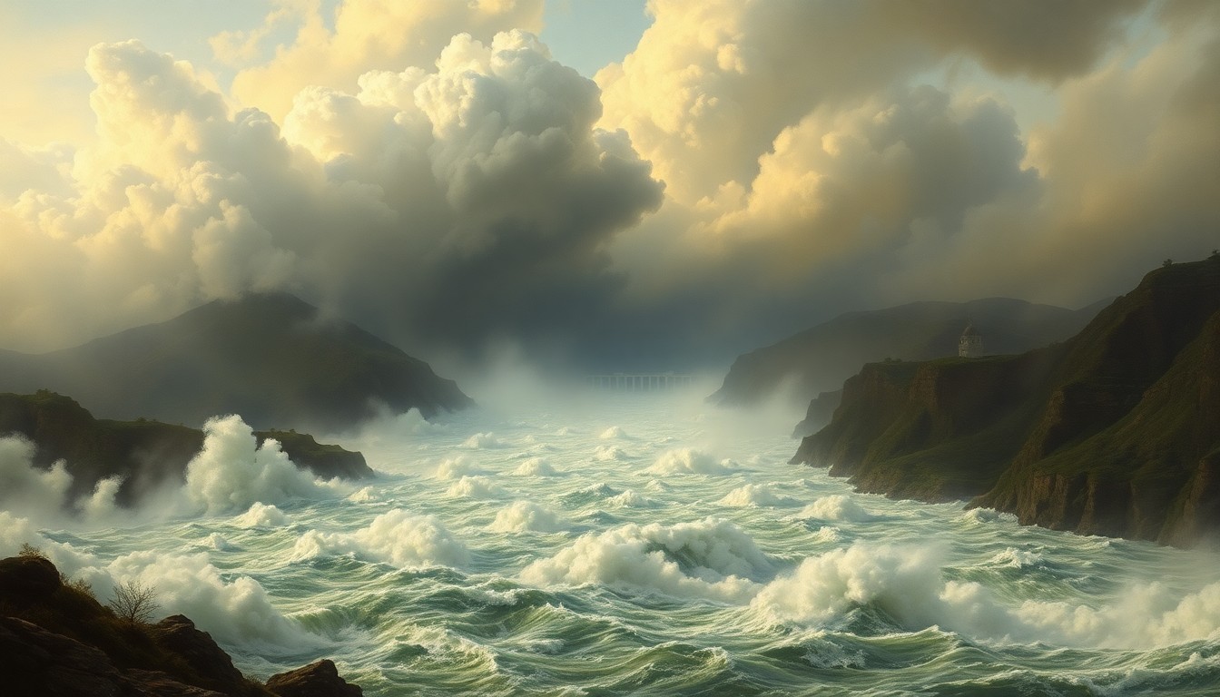 A vast, atmospheric landscape painting depicting a raging river swollen with floodwaters, the banks obscured by heavy mist and ominous clouds. The Hesperia Dam is barely visible in the distance, dwarfed by the scale of the natural disaster unfolding.