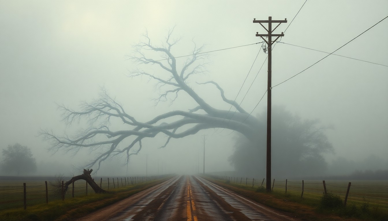 A heavily textured, atmospheric landscape painting depicting a fallen tree blocking a rural road, with a damaged power pole and lines in the foreground, all shrouded in a heavy fog that dwarfs the physical objects and conveys the overwhelming scale of the natural forces at play.