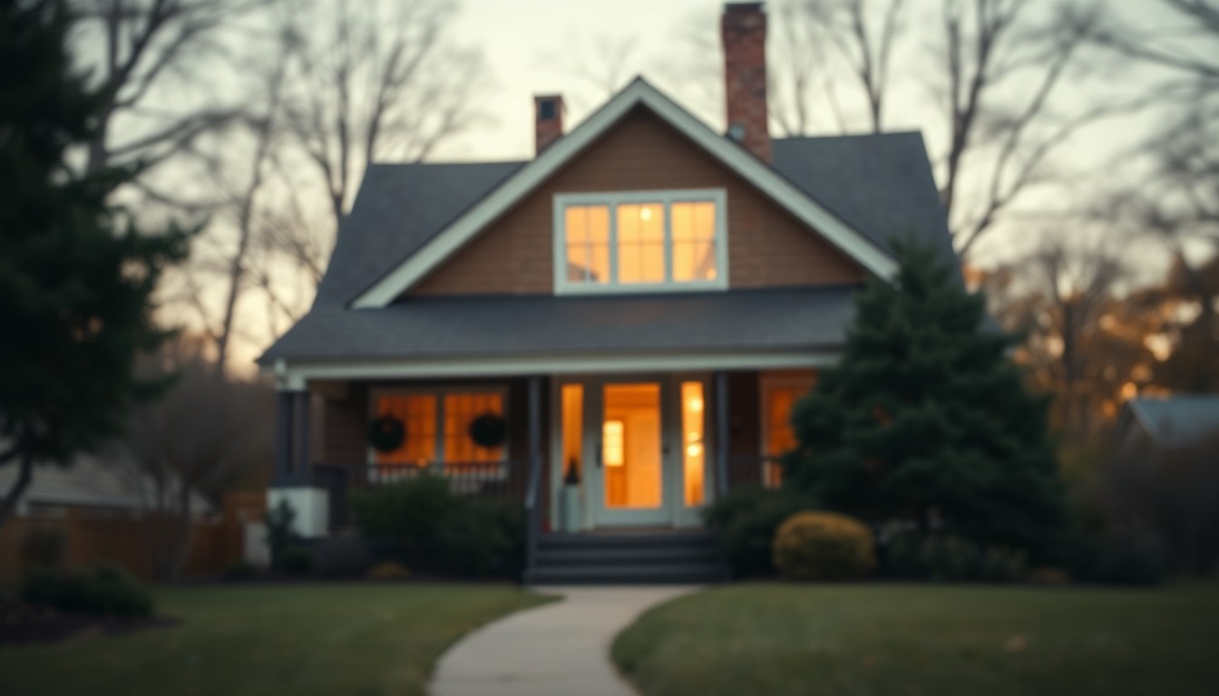 A blurred, atmospheric photograph of a cozy single-family home surrounded by lush greenery, conveying a sense of peaceful seclusion and refined suburban living.