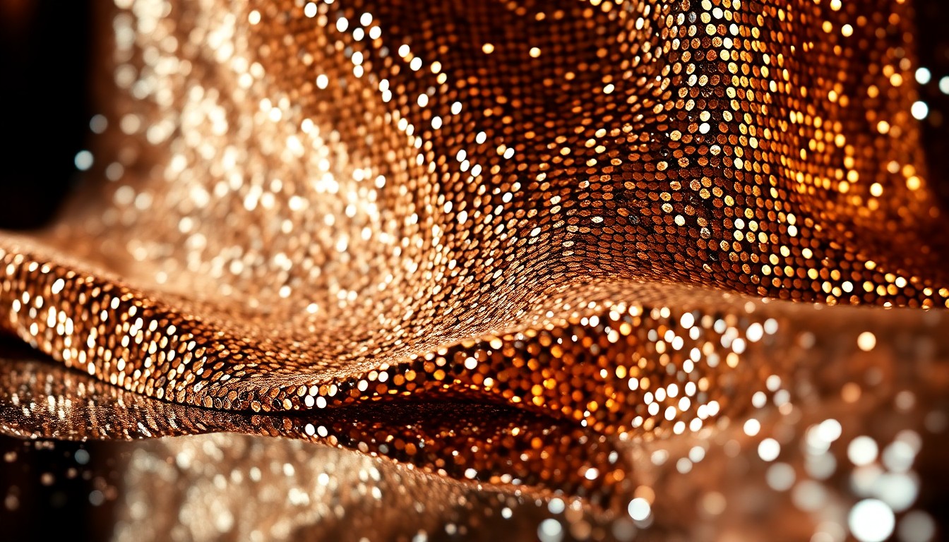 An extreme close-up photograph of glittering sequins and shattered glass, capturing the high-fashion glamour and spectacle that has become a central part of the Coachella experience.