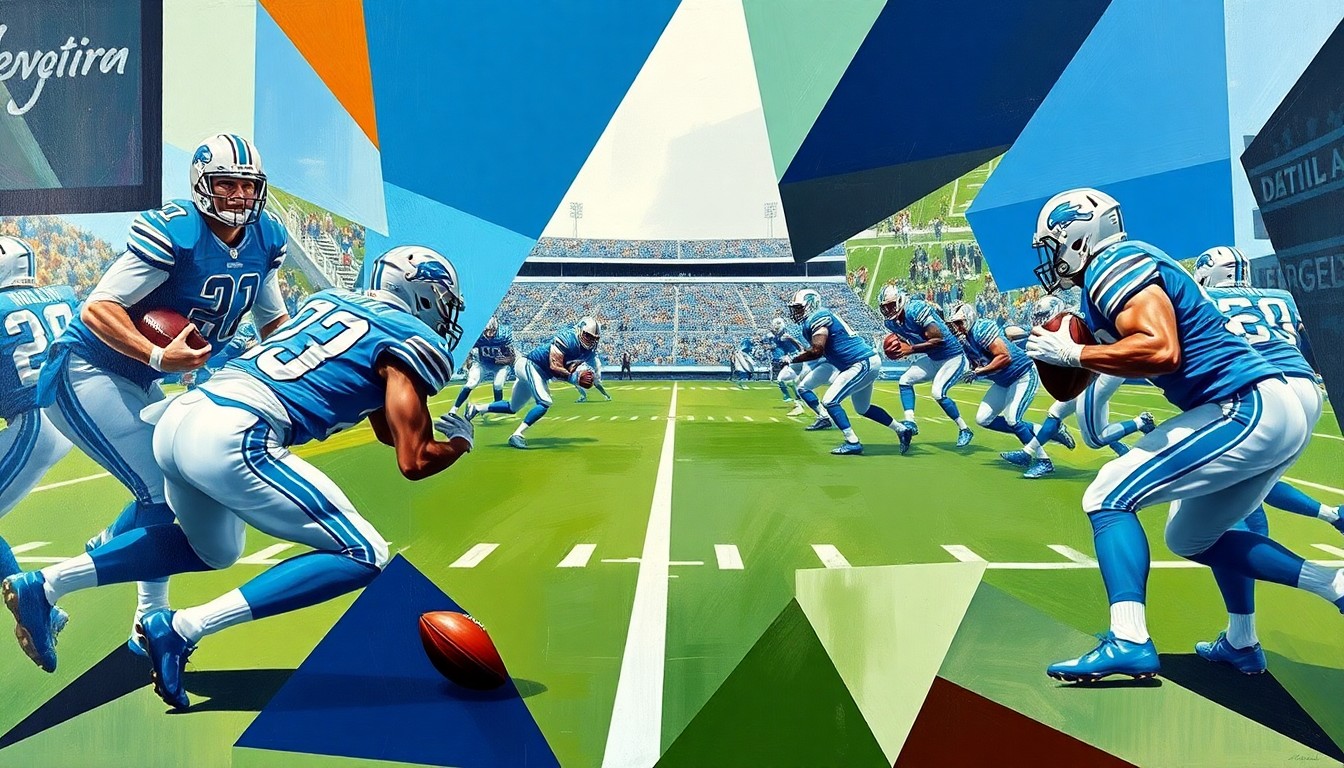 A fragmented, geometric painting depicting Detroit Lions football players in angular, overlapping shapes of blue and silver, conveying the team's multifaceted approach to the upcoming NFL draft.