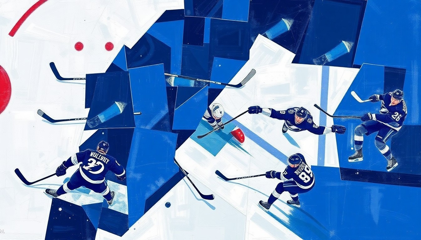 A fractured, cubist-style painting depicting the intense action of a hockey game, with players' bodies and equipment broken down into sharp, overlapping geometric shapes in shades of navy blue, silver, and white.