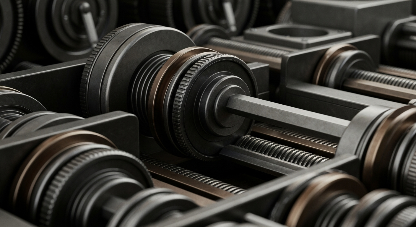 A highly detailed, cinematic close-up image of heavy, industrial banking machinery and mechanisms in shades of steel gray, bronze, and black, conveying a sense of institutional power and economic infrastructure.