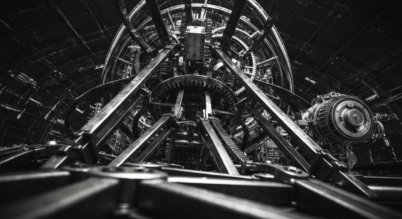 A highly detailed, black and white close-up image of the mechanical components and gears that make up the internal infrastructure of a banking institution, conveying the complex, industrial nature of modern finance.