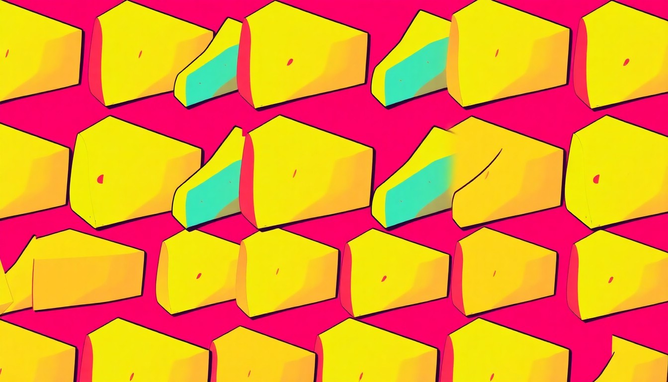 A brightly colored, high-contrast silkscreen print of a single, iconic cheese wedge repeated in a tight grid pattern, utilizing flat, vibrant neon color palettes and heavy black outlines to transform an everyday food item into modern pop art.