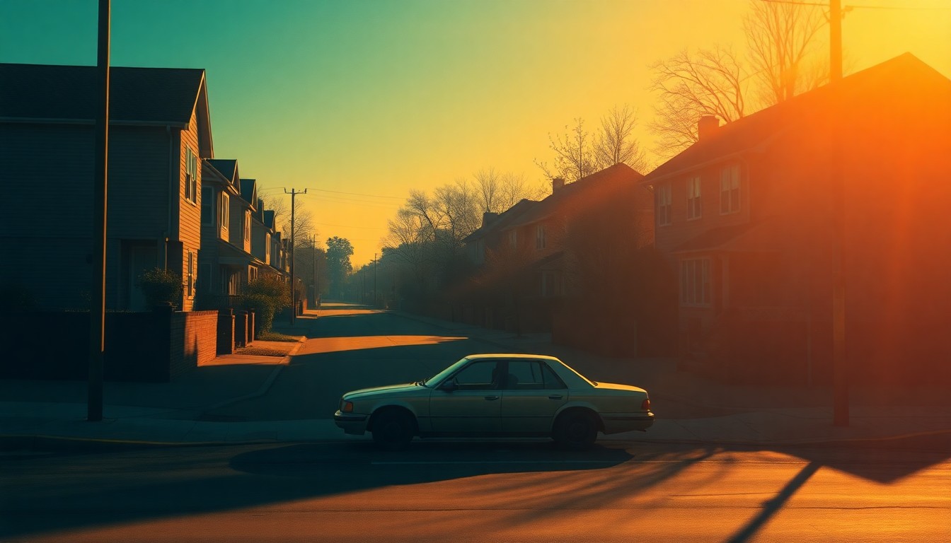 A serene, realistic painting of a single car parked on a quiet residential street, with warm sunlight casting long shadows across the scene, conveying a sense of contemplation and the importance of personal transportation in the community.