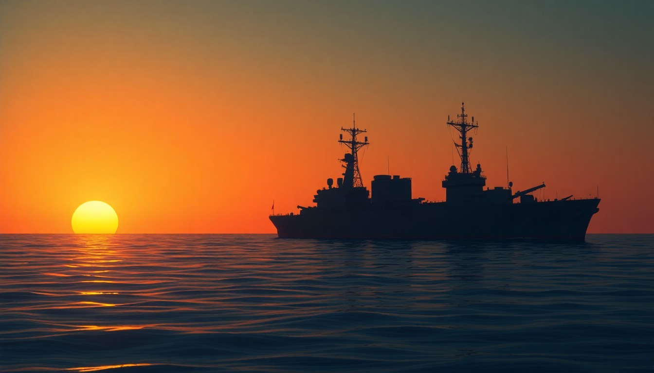 A serene, photorealistic painting of a U.S. Navy ship silhouetted against an orange sunset sky, its reflection rippling in the calm waters of the Strait of Hormuz. The scene conveys a sense of quiet power and strategic control over the vital global shipping chokepoint.